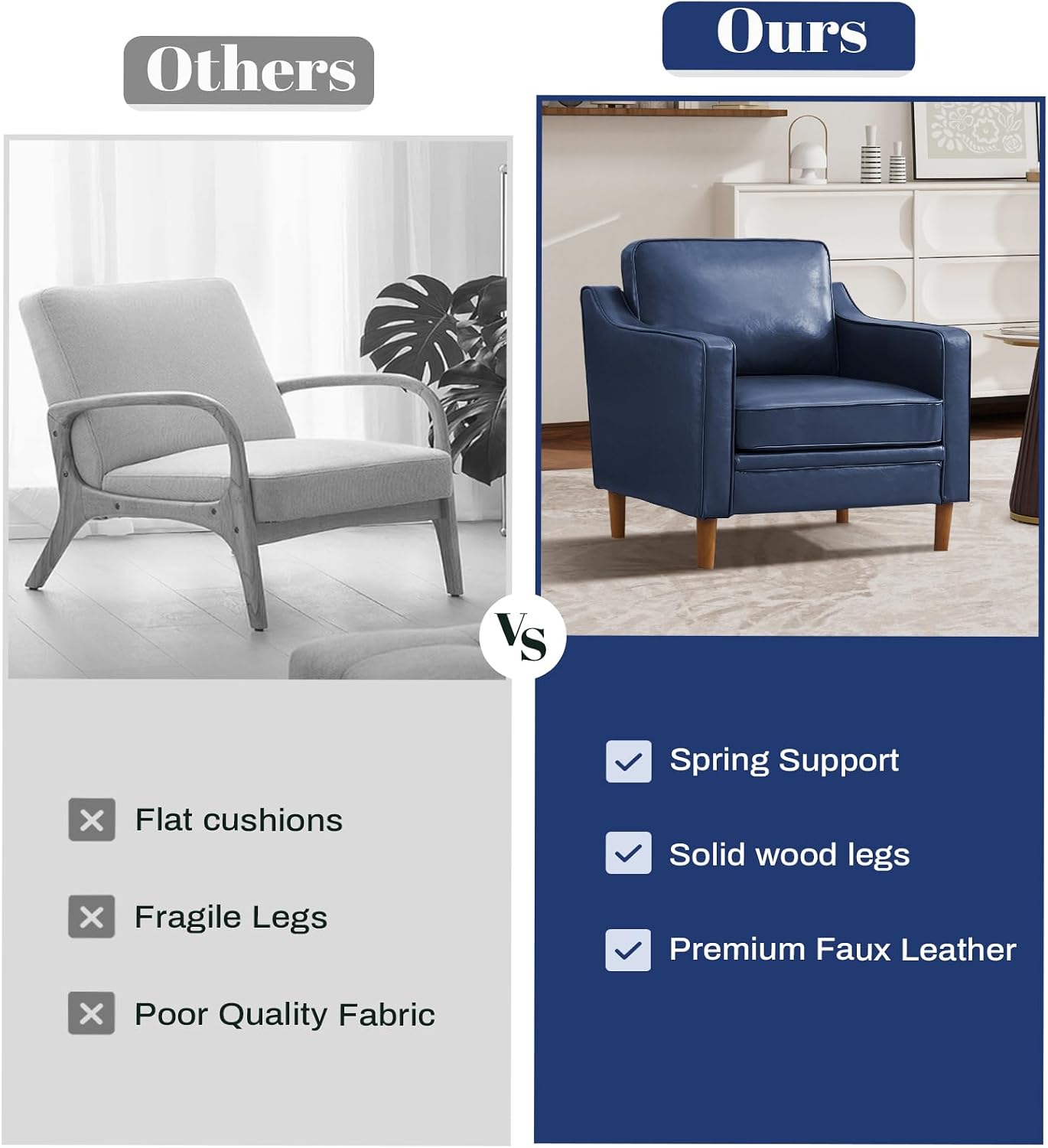 Accent Chair, Living Room Chairs, Faux Leather Reading Armchair, Mid Century with Solid Wood Foot, Upholstered Modern Decor for Bedroom, Apartment