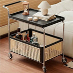 Rolling Rattan Side Table with Wheels - 2-Layer Storage Coffee Table & End Table for Living Room - Stylish Wood & Rattan Design, Space-Saving Solution