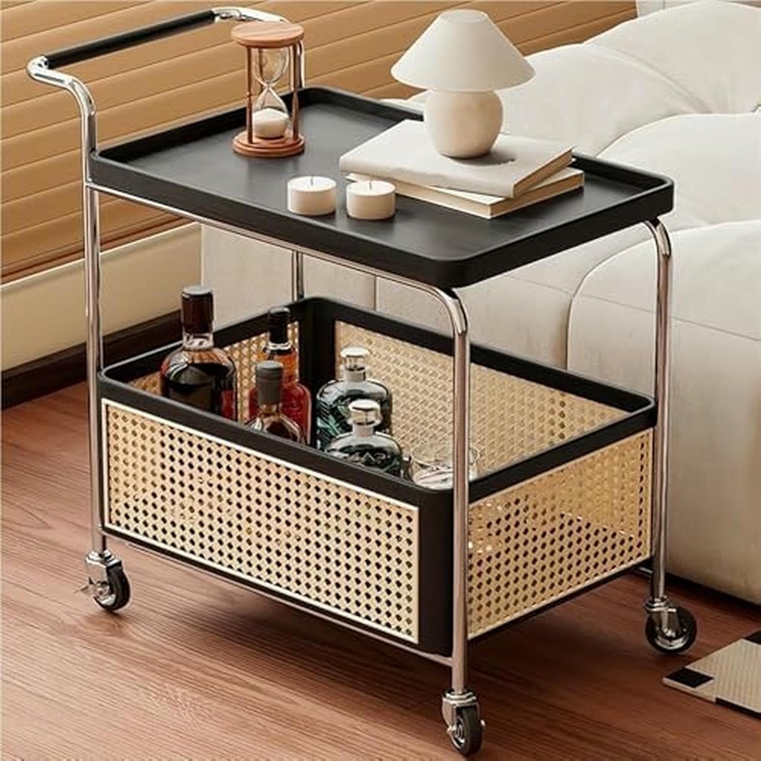 Rolling Rattan Side Table with Wheels - 2-Layer Storage Coffee Table & End Table for Living Room - Stylish Wood & Rattan Design, Space-Saving Solution