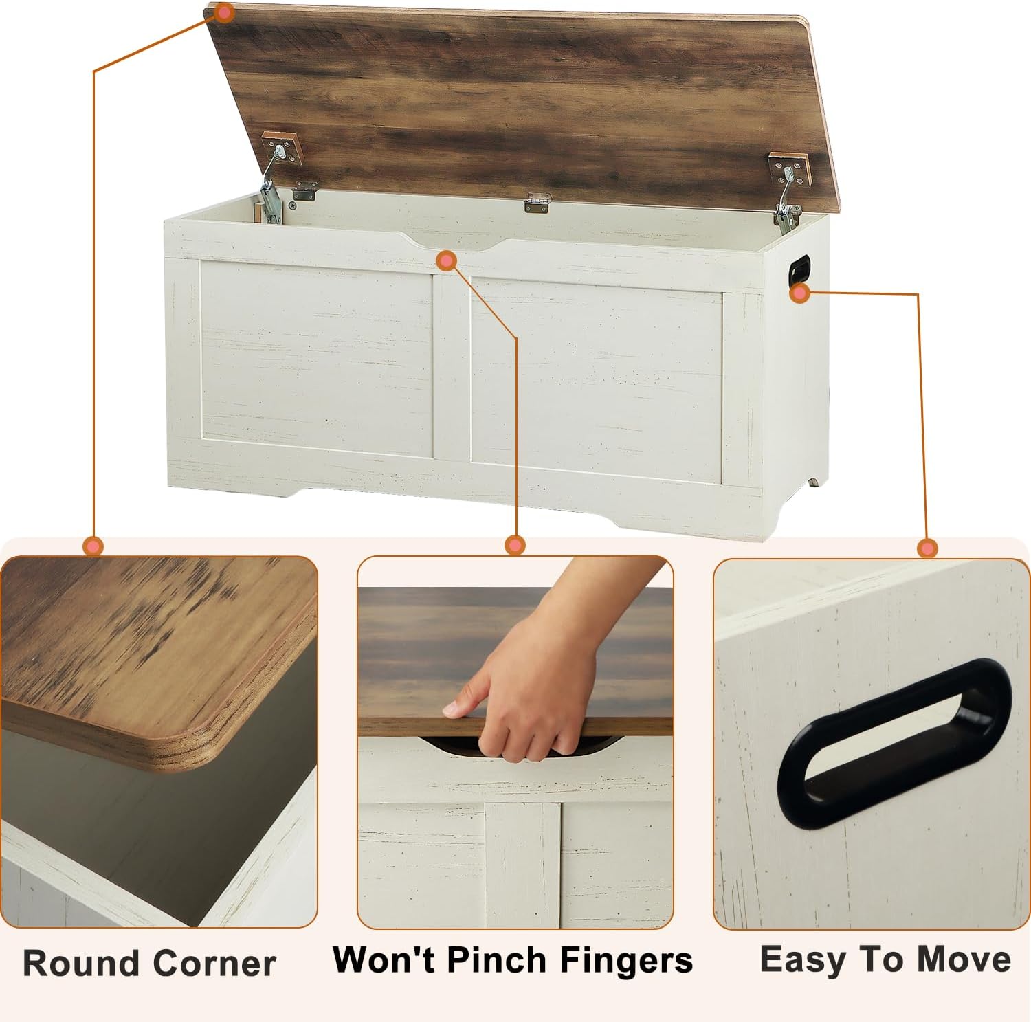 Timberer 39.4" Storage Chest, Wooden Storage Bench, Lift Top Toy Chest with 2 Safety Hinges, Large Toy Box, Entryway Bench for Living Room, Bedroom, Brown and Rustic White