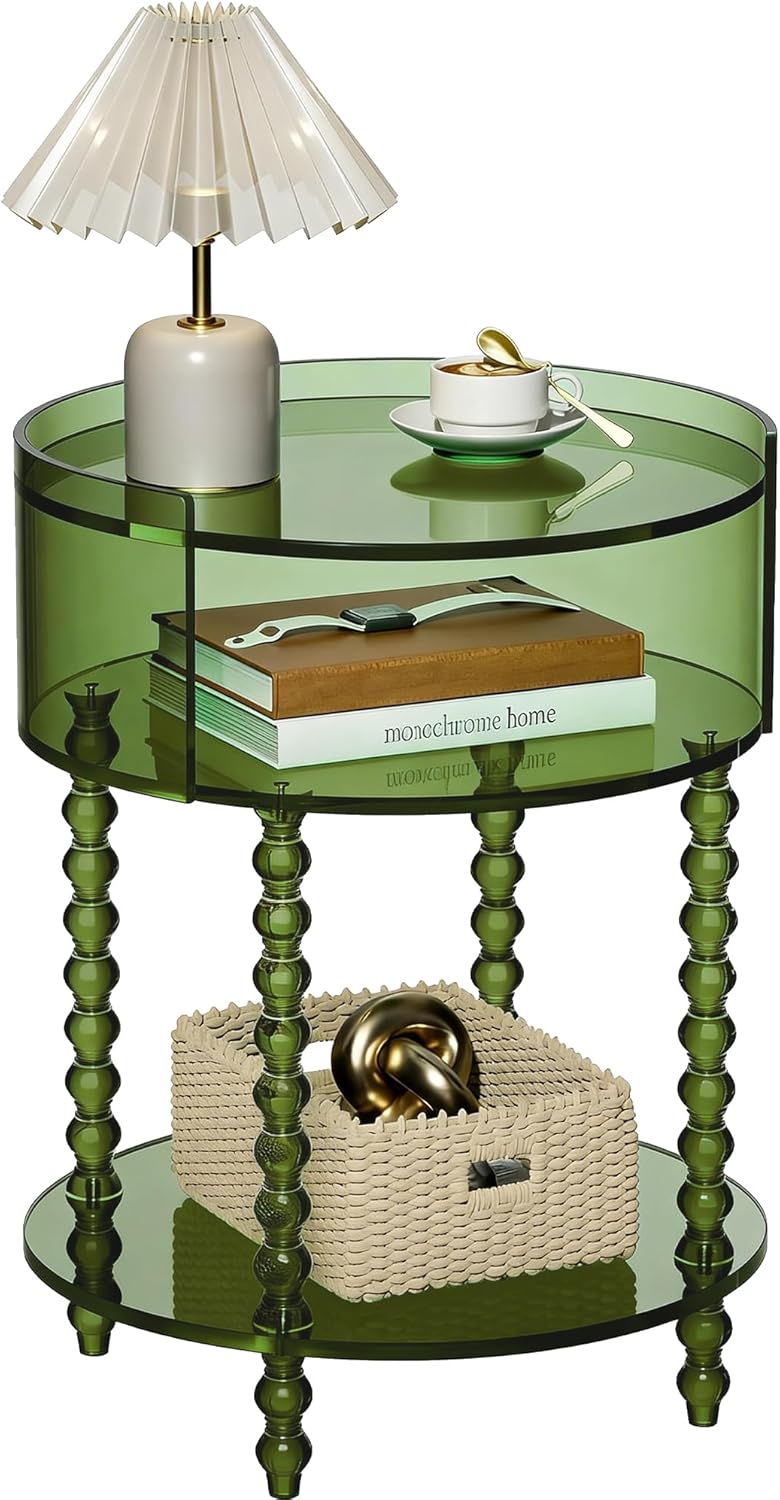 Modern Acrylic Round Side Table, End Table for Living Room, Clear Nightstand for Bedroom, Lobby and Office, Easy Assembly (Green, Nomal)