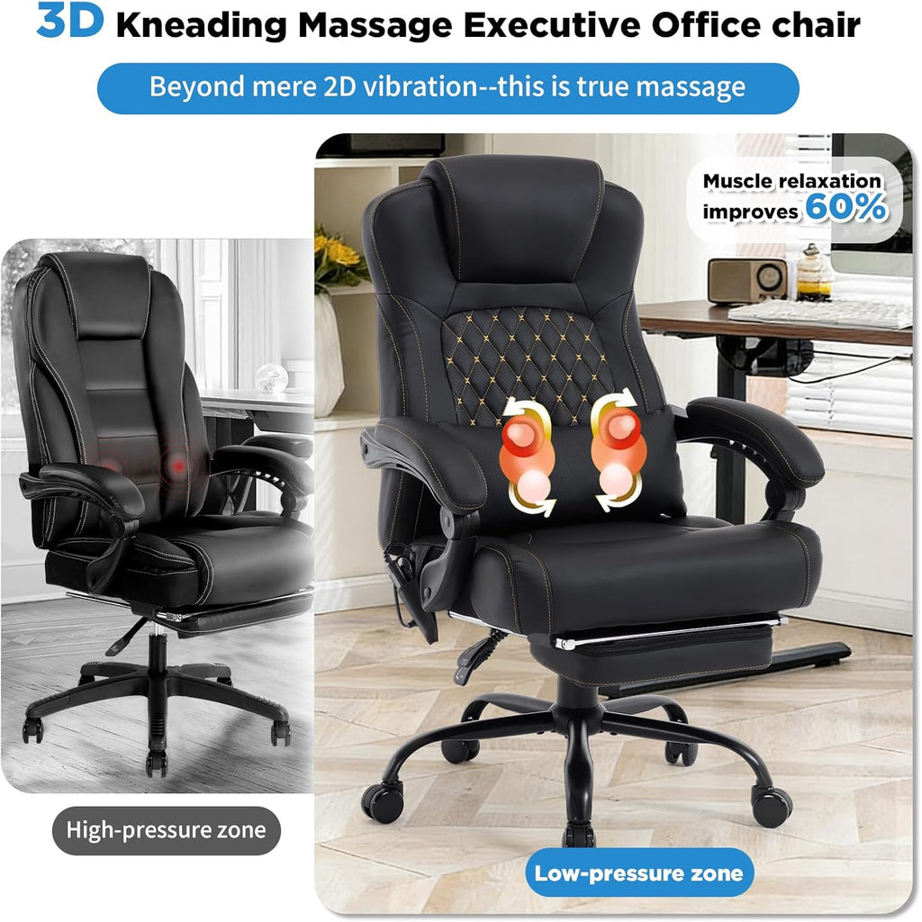 3D Kneading Massage Office Chair, 500lbs Big and Tall Ergonomic Reclining Office Desk Chair with Foot Leg Rest,Black