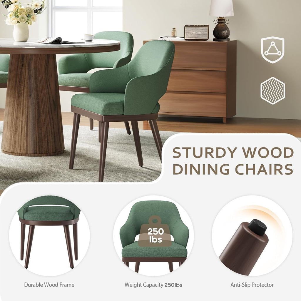 MALOL Wooden Dining Chairs Set of 2, Modern Fabric Upholstered Dining Room Chair, Kitchen Side Chairs, Farmhouse Dinner Chair with Open Back for Kitchen, Green