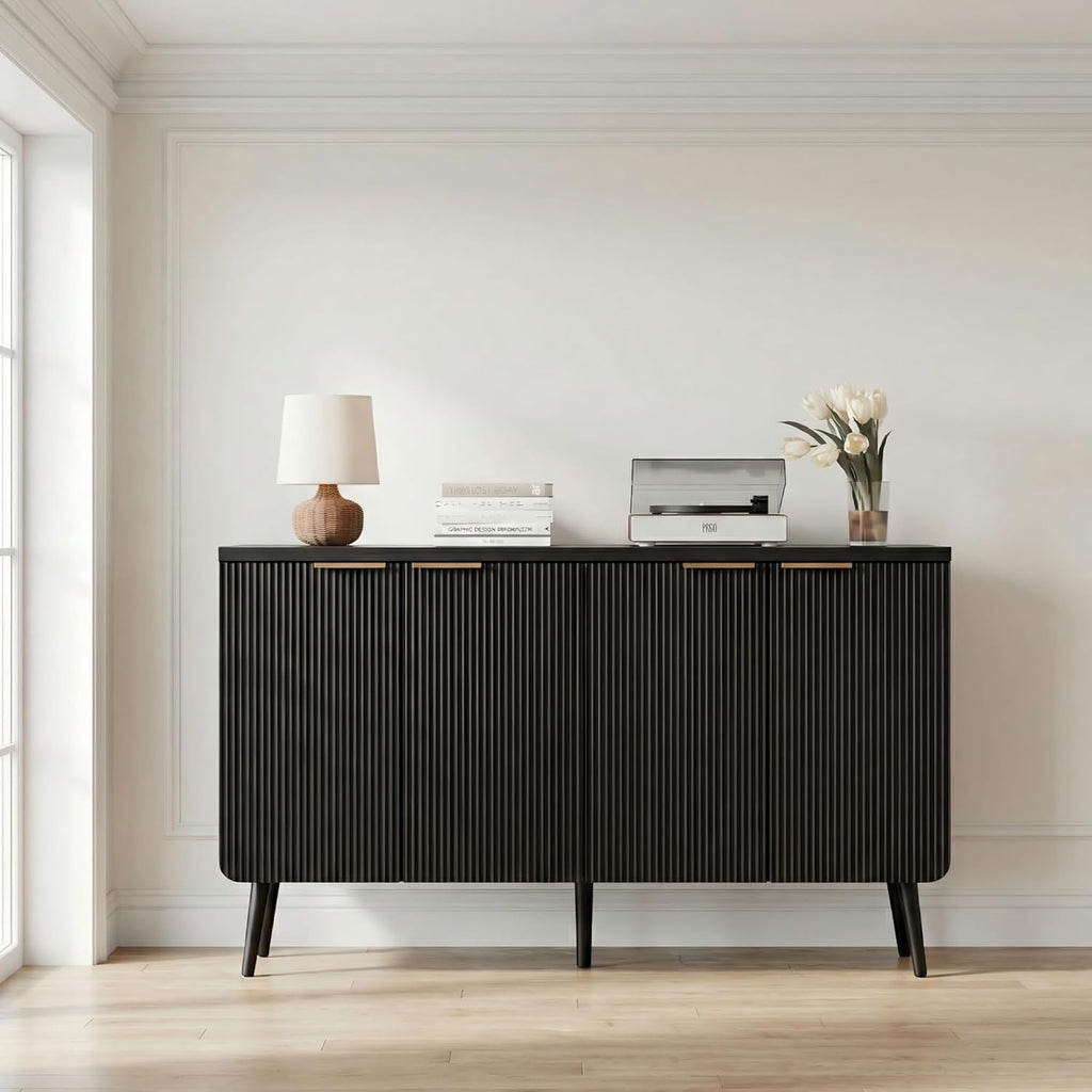 47.2" Versatile Fluted Wooden Storage Sideboard, 4-Door Buffet Cabinet with Adjustable Shelves, Functional Credenza for Living, Dining Room & Entryway Decor, Black