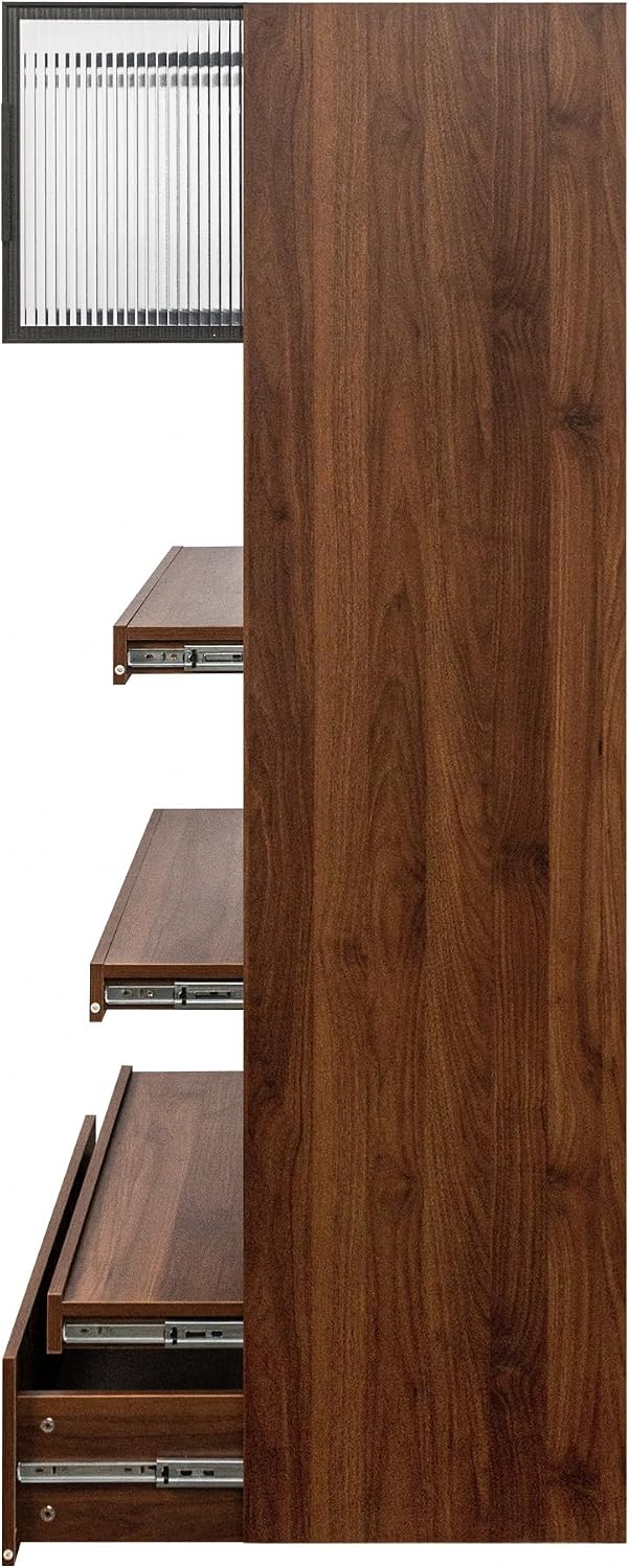 Tall Pantry Cabinet with 3 Hutch, Kitchen Food Cabinet with Pull Out Shelves and 3 Glass Doors, Kitchen Pantry with Microwave Stand for Dining Room