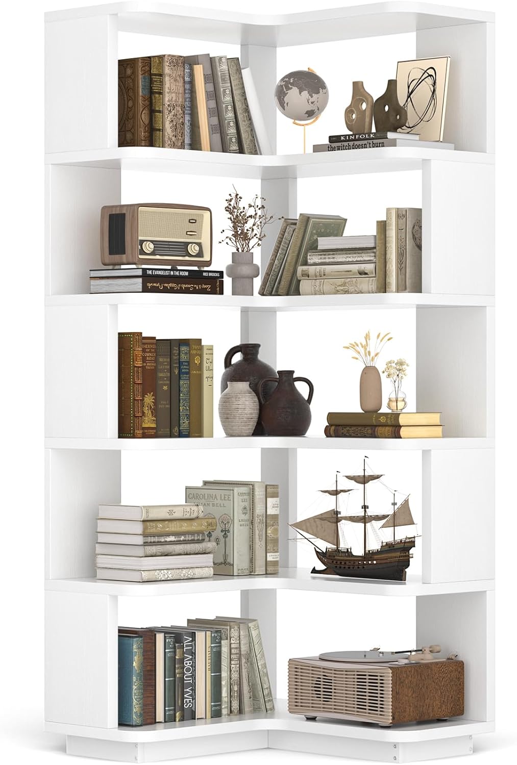 Besiost Corner Book Shelf, 6-Shelf Corner Bookshelf for Small Corner Spaces, L-Shape Bookcase Corner Display Shelf for Home Office, Living Room, Bedroom, White