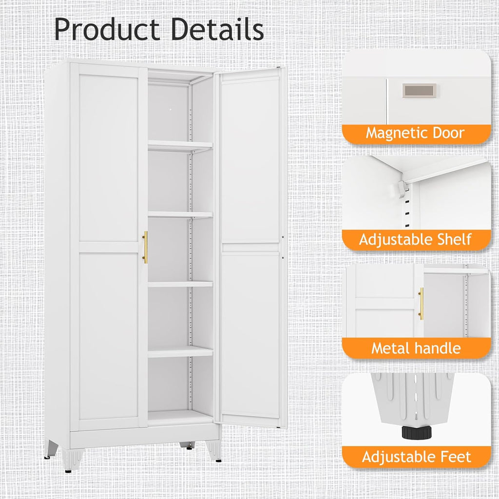71" Tall Metal Pantry Storage Cabinet with Doors and 4 Adjustable Shelves, Freestanding White Cupboard for Kitchen, Dining Room or Living Room
