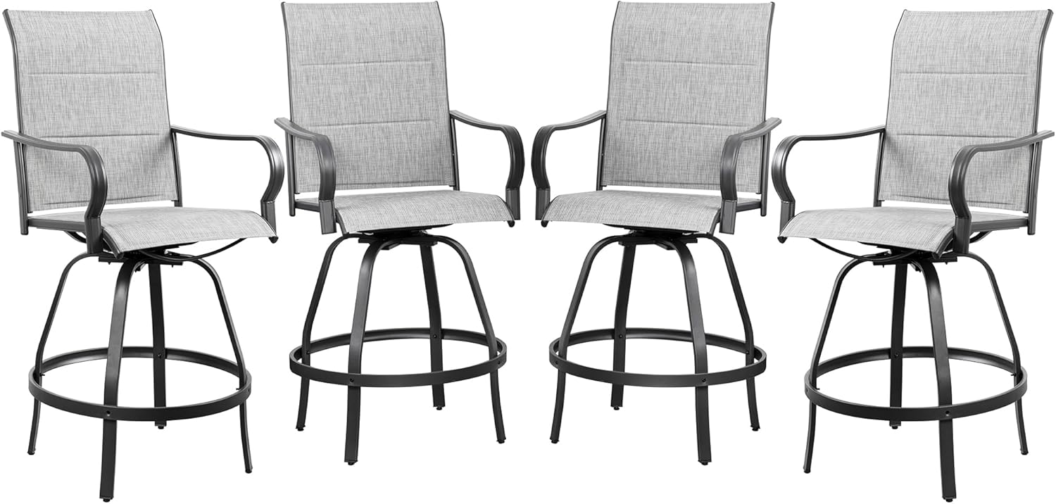Shintenchi 4 Piece Patio Swivel Bar Chairs, All Weather Padded Textile Outdoor Metal Bar Stools Patio Chairs Set of 4, High Top Bistro Set Furniture for Balcony, Backyard, Lawn Garden, Deck,Light Grey