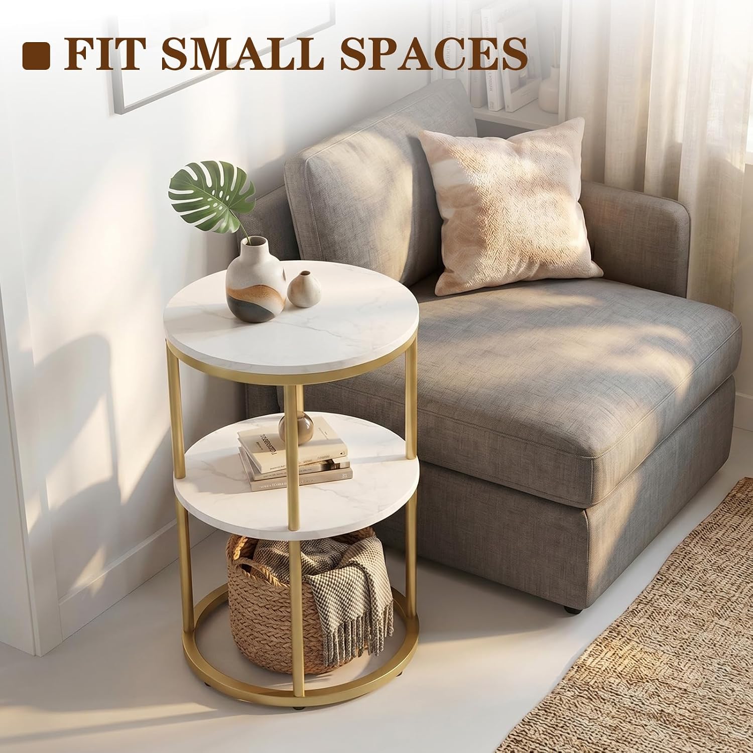 C Shaped end Table,2 Tier Wood Round Side Table for Couch,Small Sofa Table with Metal Frame for Bedroom,Living Room,Bedside,Gold(11.8" D x 11.8" W x 22.9" H)
