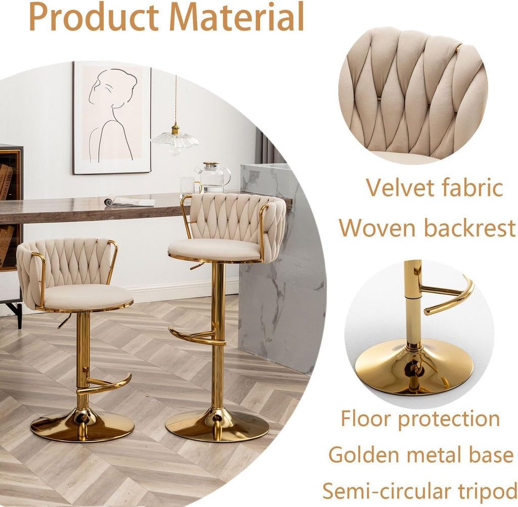 Riknuxi Velvet Bar Stools Set of 3, Counter Height Bar Chairs with Low Back, Gold Swivel Bar Stools for Kitchen Island, Pub (Beige)