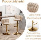 Riknuxi Velvet Bar Stools Set of 3, Counter Height Bar Chairs with Low Back, Gold Swivel Bar Stools for Kitchen Island, Pub (Beige)