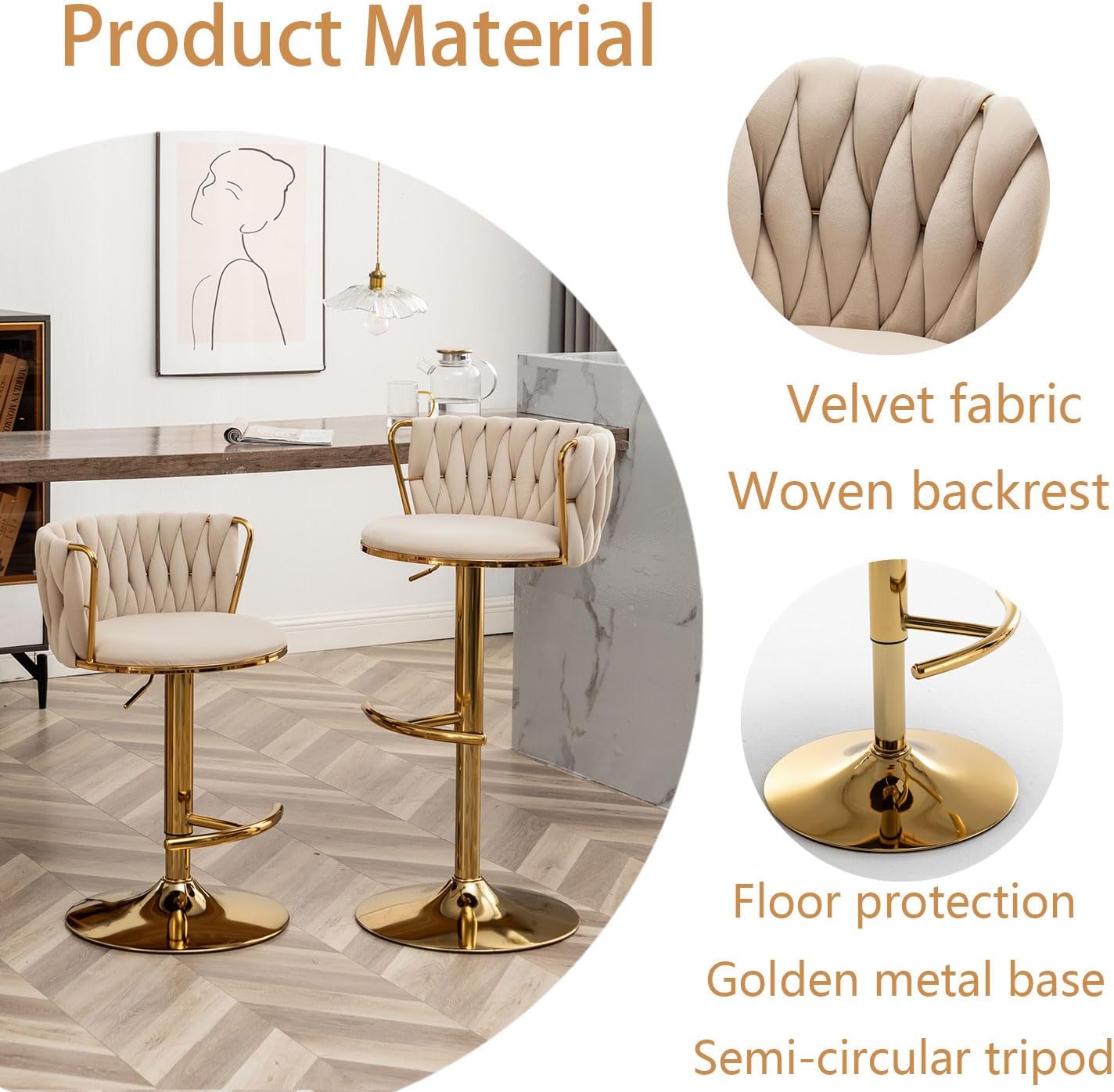 Riknuxi Velvet Bar Stools Set of 3, Counter Height Bar Chairs with Low Back, Gold Swivel Bar Stools for Kitchen Island, Pub (Beige)