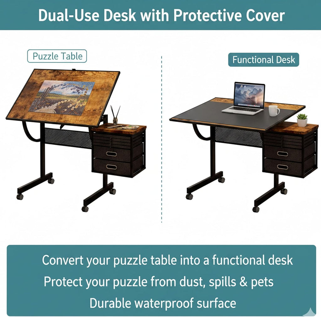 Adjustable Drafting Table with 4 Trays & 2 Storage Drawers, Multifunctional Tilting Drawing Art Desk, Vintage Drawing Table Art Craft Workstation for Studio Home Office Painting Writing (Style-A)