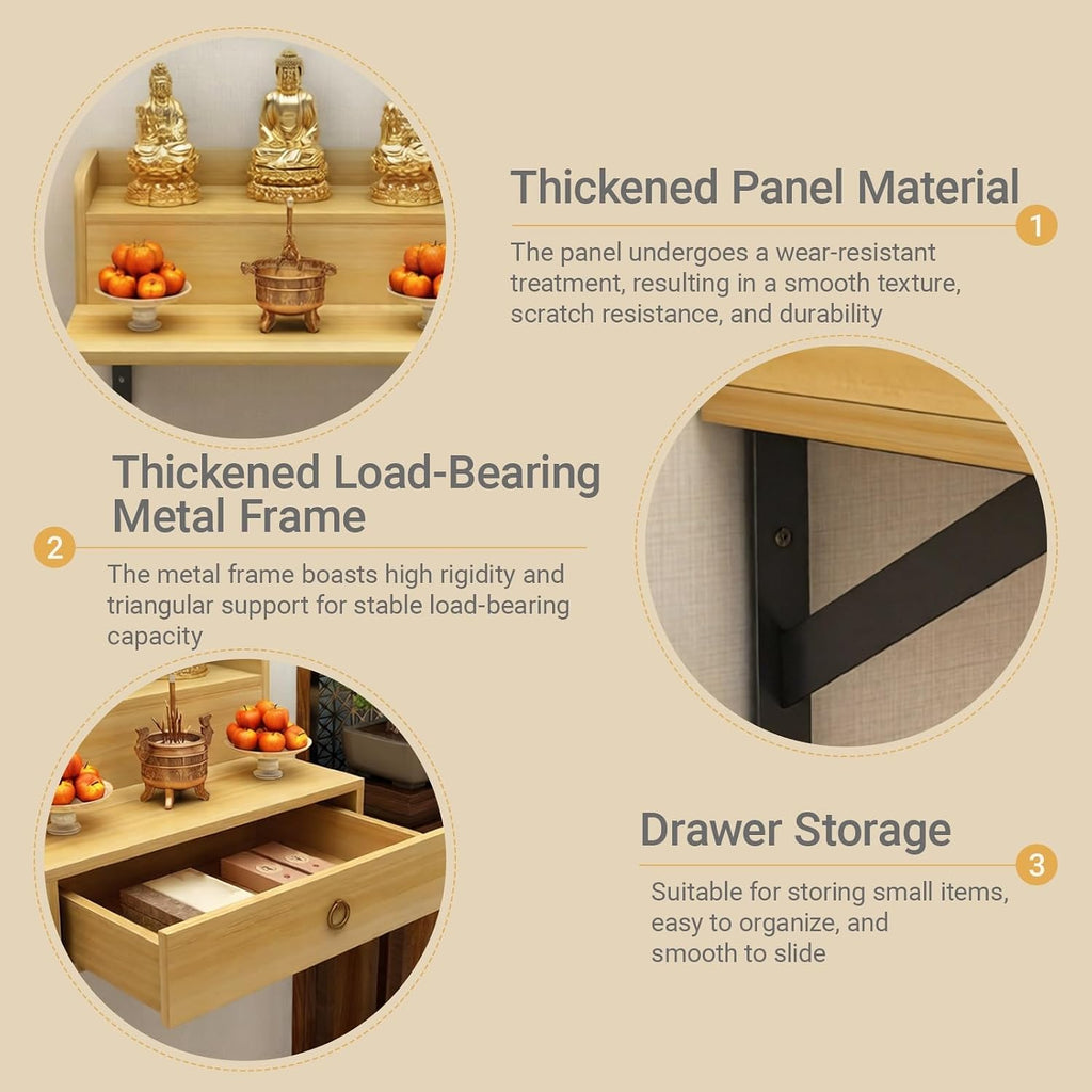 Solid Wood Wall Mounted Altar Table with Pull-Out Drawer for Incense & Meditation Personal Shrine Stand Prayer Altar Cabinet with Storage for Home(Teak color,50*40*30cm/19.7*15.7*11.8in)