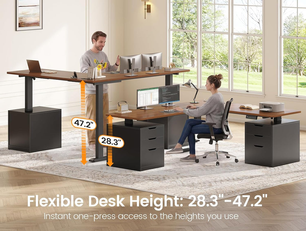 SEDETA L Shaped Electric Standing Desk with 6 Drawers, 66.9" x 57.1" Height Adjustable Stand Up Desk with Power Outlets, 3 Memory Heights, Sit Stand Computer Desk for Home Office, Black + Brown