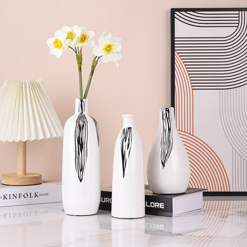 Ceramic Vase 3 Piece Set, White and Silver Vases for Home Decor, Decorative Vases for Mantels, Shelves and Entryway Decor, Dining Table Centerpieces, Living Rooms, Fireplaces and Kitchen Decor.