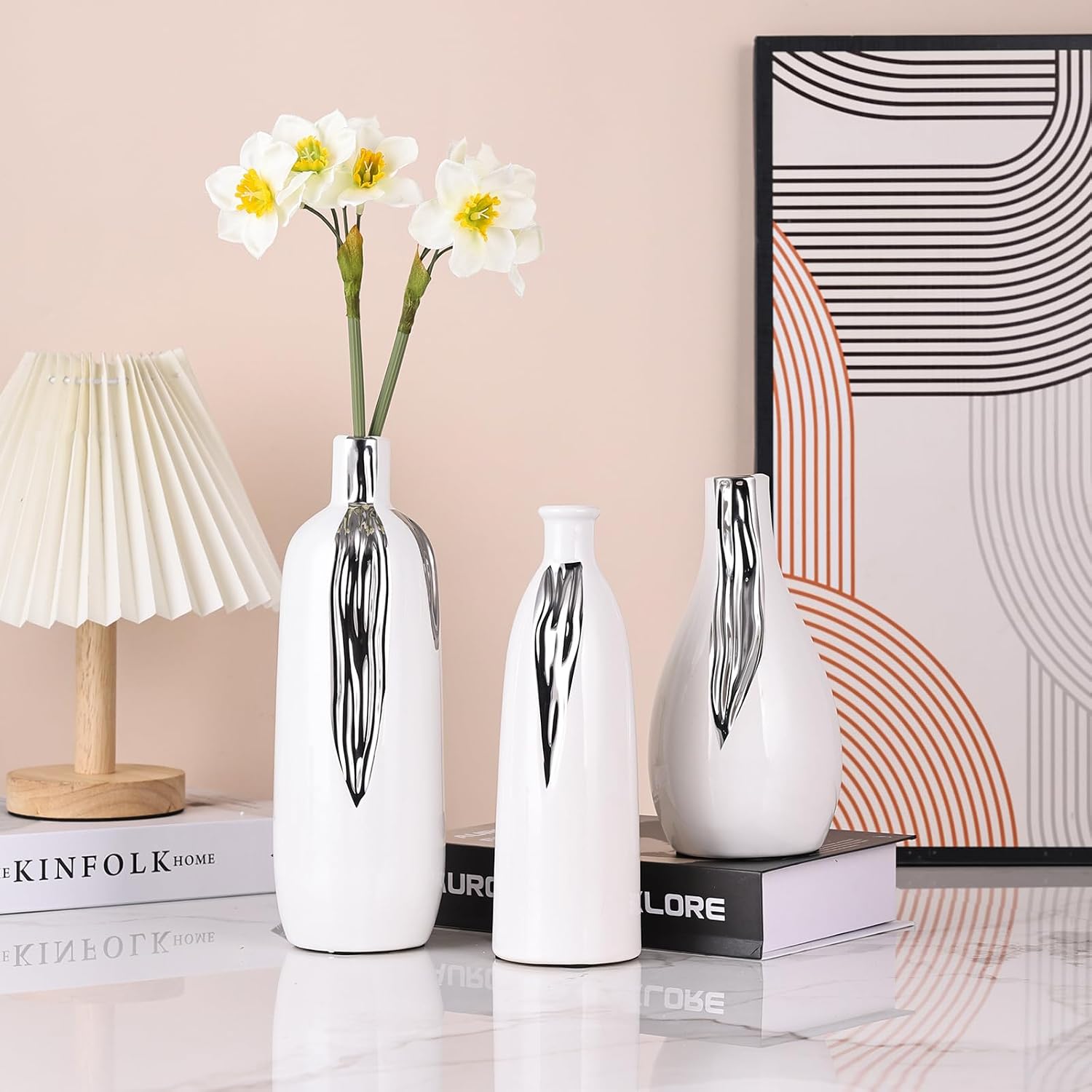 Ceramic Vase 3 Piece Set, White and Silver Vases for Home Decor, Decorative Vases for Mantels, Shelves and Entryway Decor, Dining Table Centerpieces, Living Rooms, Fireplaces and Kitchen Decor.
