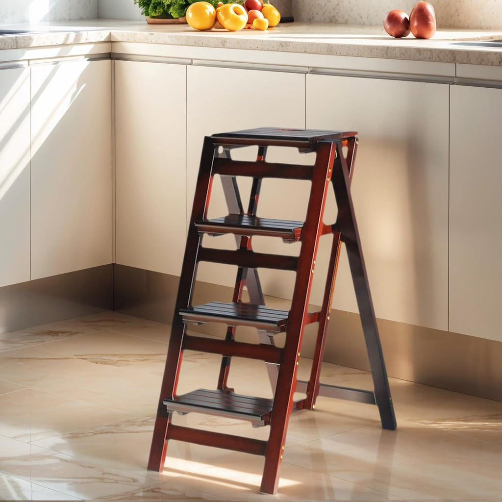 4-Step Folding Ladder Stool - 330 lb Capacity, Solid Pine Wood, Anti-Slip Steps, Space-Saving Foldable Design for Home Kitchen - Lightweight Step Stool for Adults (Walnut Finish)