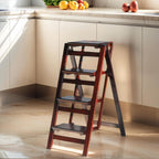 4-Step Folding Ladder Stool - 330 lb Capacity, Solid Pine Wood, Anti-Slip Steps, Space-Saving Foldable Design for Home Kitchen - Lightweight Step Stool for Adults (Walnut Finish)