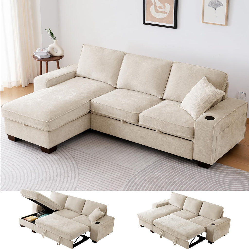 99" Convertible Sleeper Sofa Bed,L Shaped with Storage Chaise Pull Out Couch for Living Room,USB and Type-C,Removable Washable Chenille Covers (Beige)