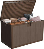 Takywep 130 Gallon Outdoor Storage Box with Hydraulic Soft-Close Lid, Heavy Duty Resin Deck Bench, Lockable Weatherproof Patio Storage Chest with 2-Person Seat, Brown