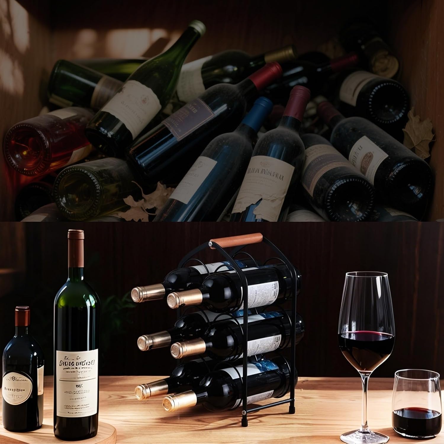 Wine Rack countertop Wine Bottle Holder Metal Wine Rack, Industrial Style Honeycomb Design 6-Bottle Wine Storage with Wooden Handle, Easy Installation,for Home Kitchen Bar/Cabinet