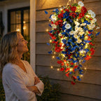 Patriotic Hanging Flower Baskets, Anniversary Porch Decor, red White and Blue Hanging Flowers, Artificial Hanging Plants red White and Blue (Without Light*2)