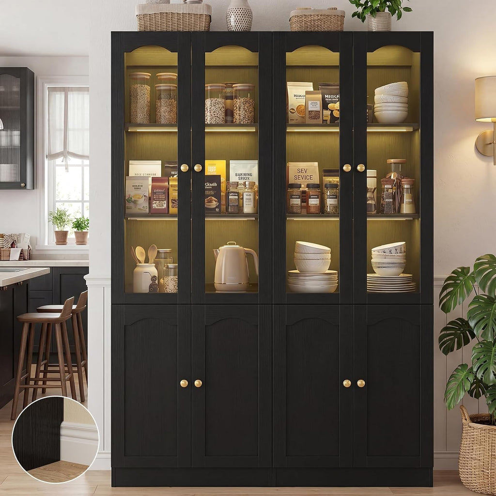 Cyclysio 80" Tall Pantry Cabinet with Arched Glass Doors and Lower Storage Cabinet, 2 Set Black Kitchen Pantry Storage Cabinet with Interior Motion Sensor Light, Adjustable Shelf, Baseboard Cutout