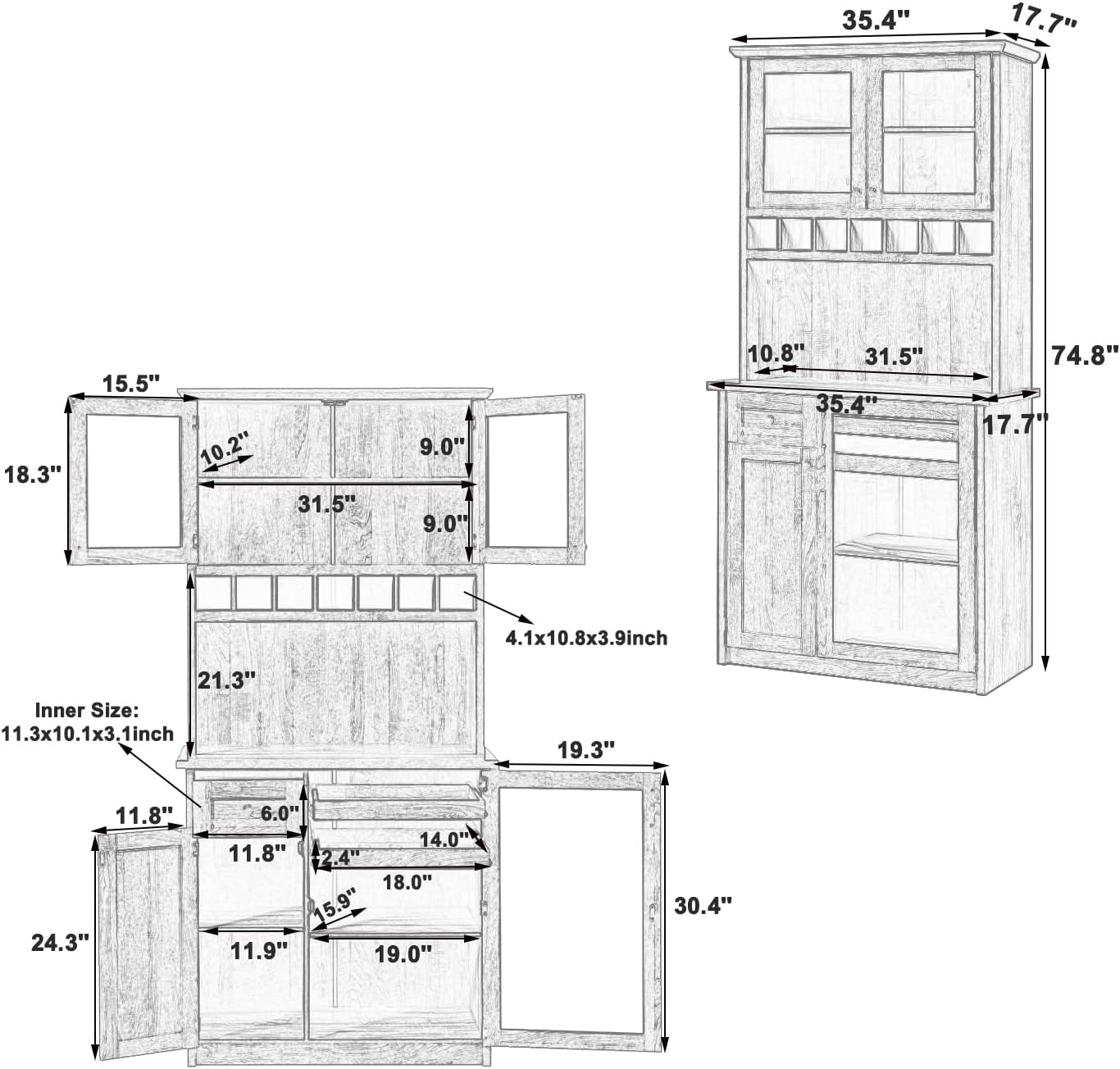 Polibi Farmhouse Freestanding Kitchen Pantry Cabinet Buffet with Hutch, Wine Rack, Adjustable Shelves, Pull-Out Bottle Trays & Glass Doors, 35.4x17.7x74.8inch,Natural