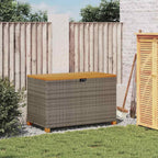 Patio Storage Box Gray Poly Rattan Resin Wicker Bench with Acacia Wood Lid 43.3"x21.7"x24.8" Weather Resistant Outdoor Deck Cushion Chest for Garden Backyard Porch