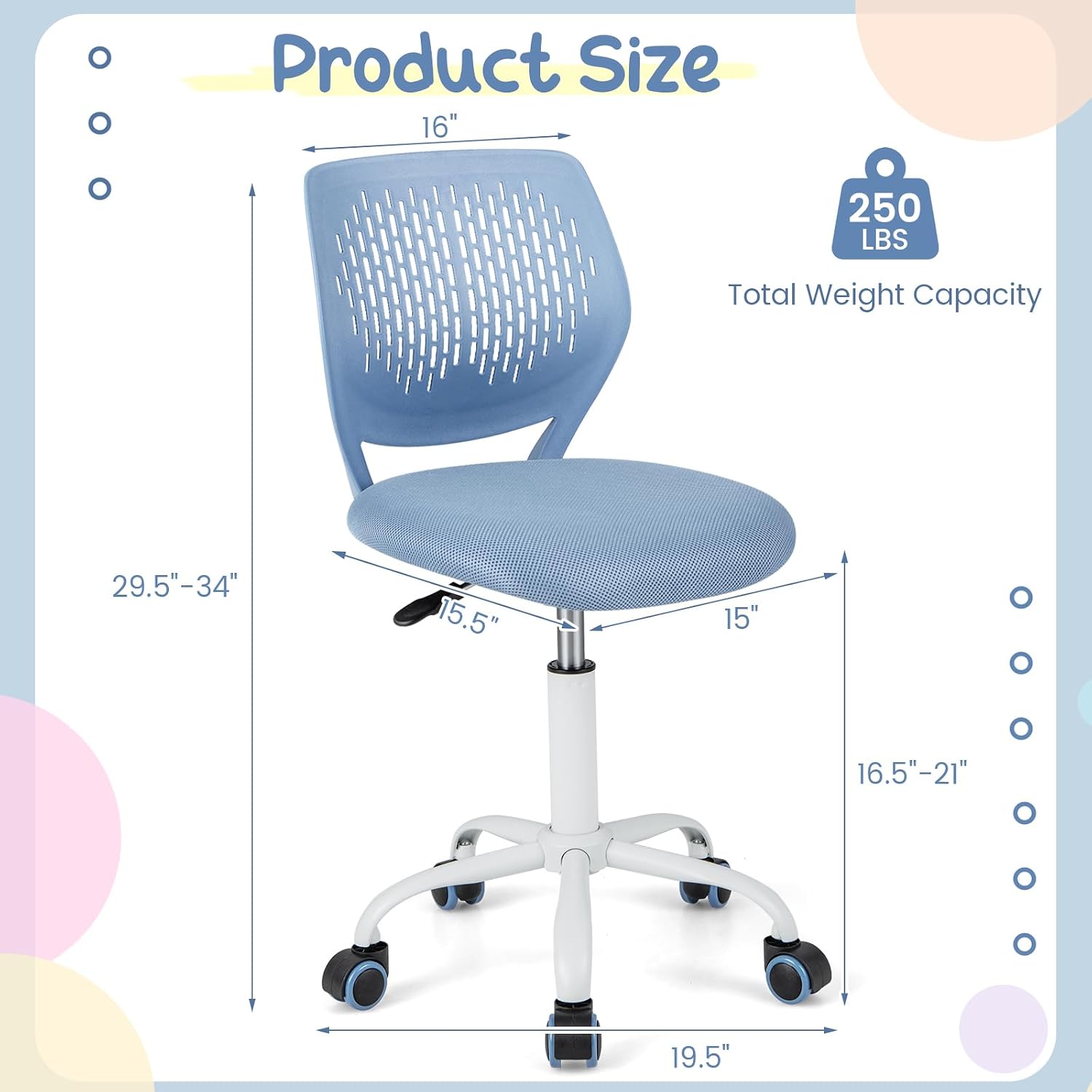 HONEY JOY Kids Desk Chair, Children Study Chair w/Adjustable Height, Low Back, Swivel Rolling Mesh Task Student Chair, Kids Computer Chair for Teens Girls Boys Home/School/Office (Blue)