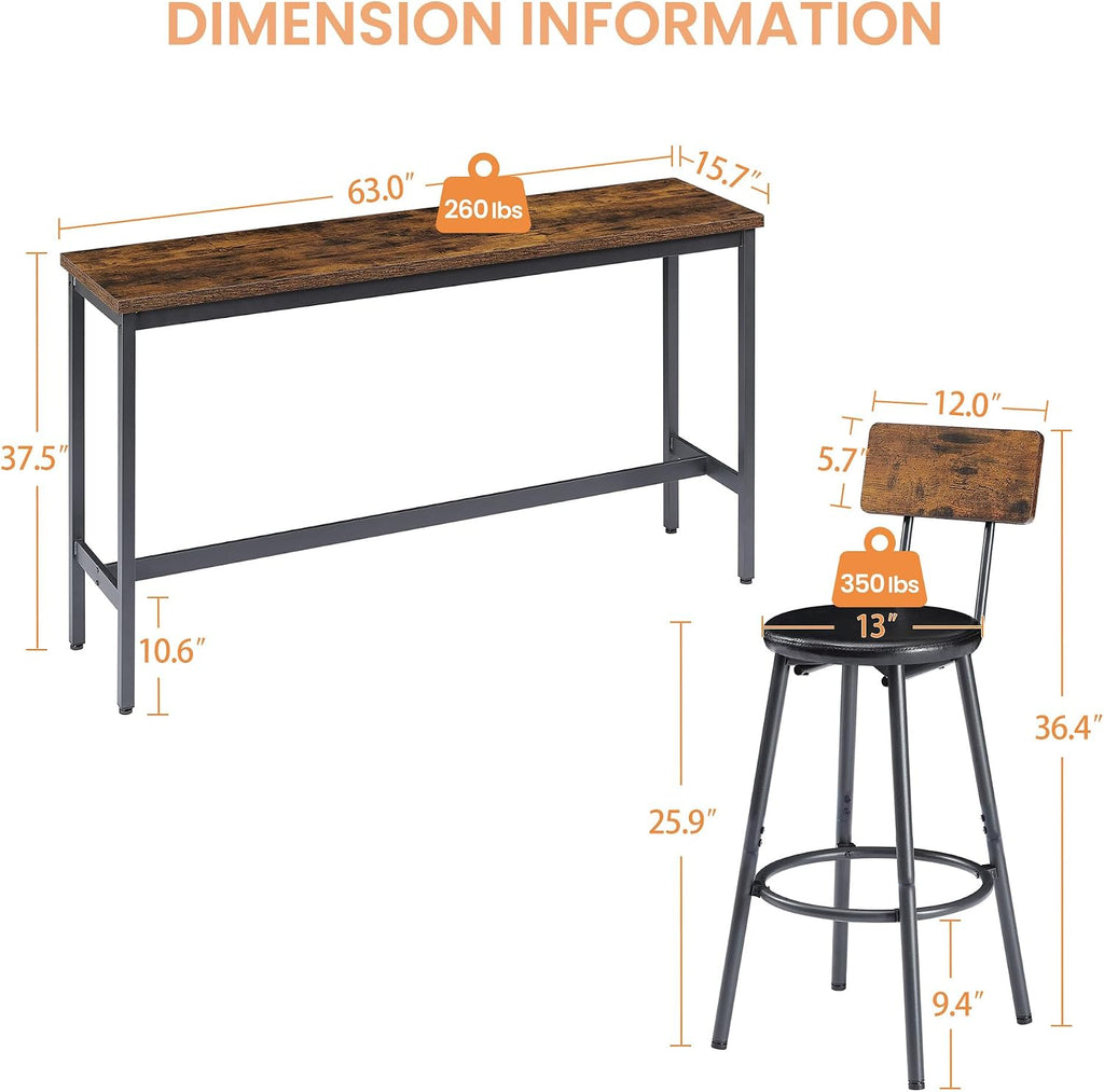 Elevon Long Bar Table Set with 3 PU Upholstered Bar Stools, Dining Table and Chair Sets, Industrial Tall Coffee Table and Back Chair for Kitchen, Living Room, Party Room, Small Space, Pub, Brown
