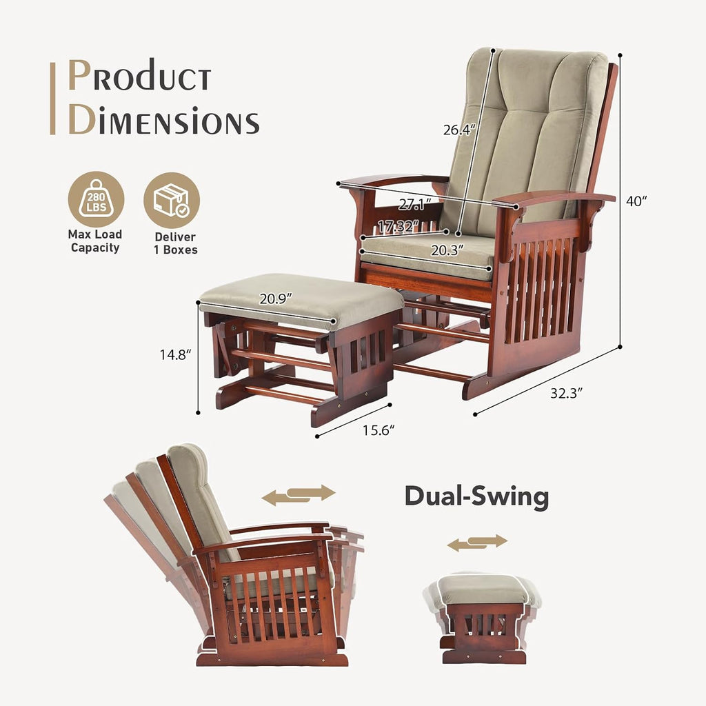 Glider Rocking Chair for the Nursery with Ottoman, 3A Solid Rubberwood Frame, Smooth-Gliding Rocking Chair,Easy to Assemble, for Nursery, Living Room, Bedroom, Classroom (Brown)