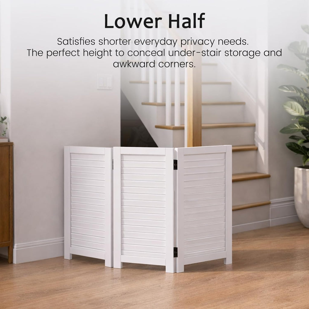 Short Room Divider 3 Panel, 51" H Modular Detachable Wall Partition, Louver & Solid Wood Privacy Screen for Clutter Concealing, Small Space Division for Home Office, White