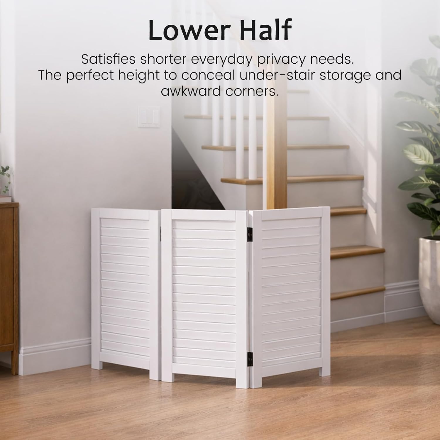 Short Room Divider 3 Panel, 51" H Modular Detachable Wall Partition, Louver & Solid Wood Privacy Screen for Clutter Concealing, Small Space Division for Home Office, White