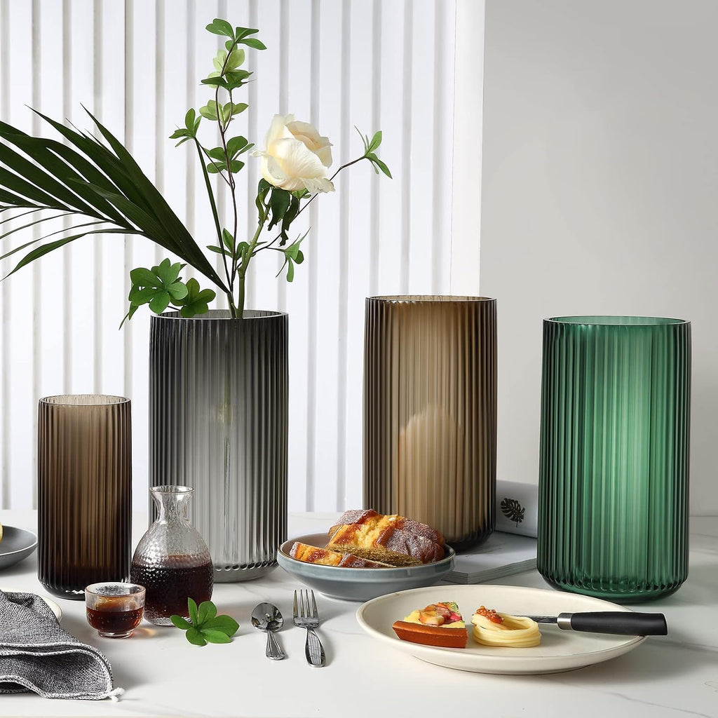 Large Cylinder Ribbed Green Glass Flower Vase for Farmhouse Dining Table Centerpieces Decor