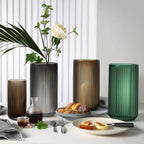 Large Cylinder Ribbed Green Glass Flower Vase for Farmhouse Dining Table Centerpieces Decor
