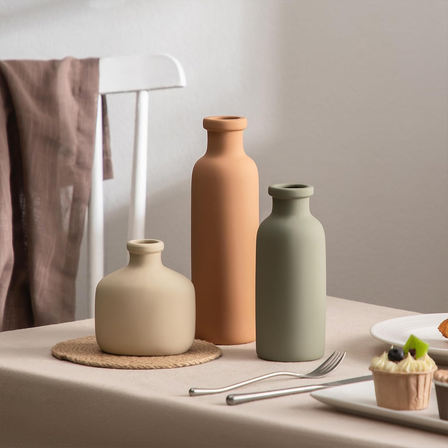 Ceramic Vase Set of 3 - Rustic Vases Set for Flower Centerpieces Pampas Grass - 3 Bud Vase for Decor - Modern Decoration Terracotta Vases for Home Farmhouse Table Office, Mini Pottery Vase by Lyeec