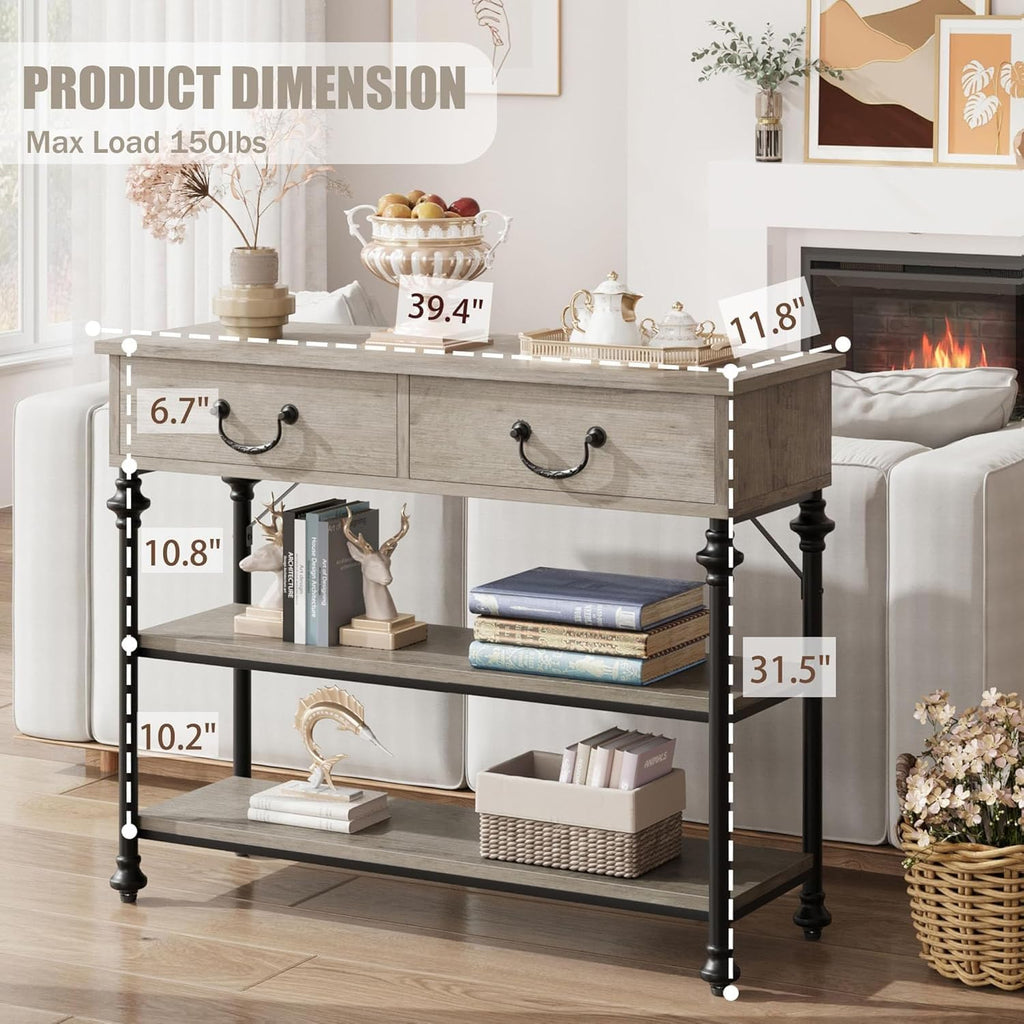 IDEALHOUSE 39'' Narrow Console Table with 2 Drawers, Farmhouse Sofa Table, Behind Couch Table with 2 Tier Storage Shelves, Entryway Table for Living Room, Hallway, Entrance, Foyer, Grey