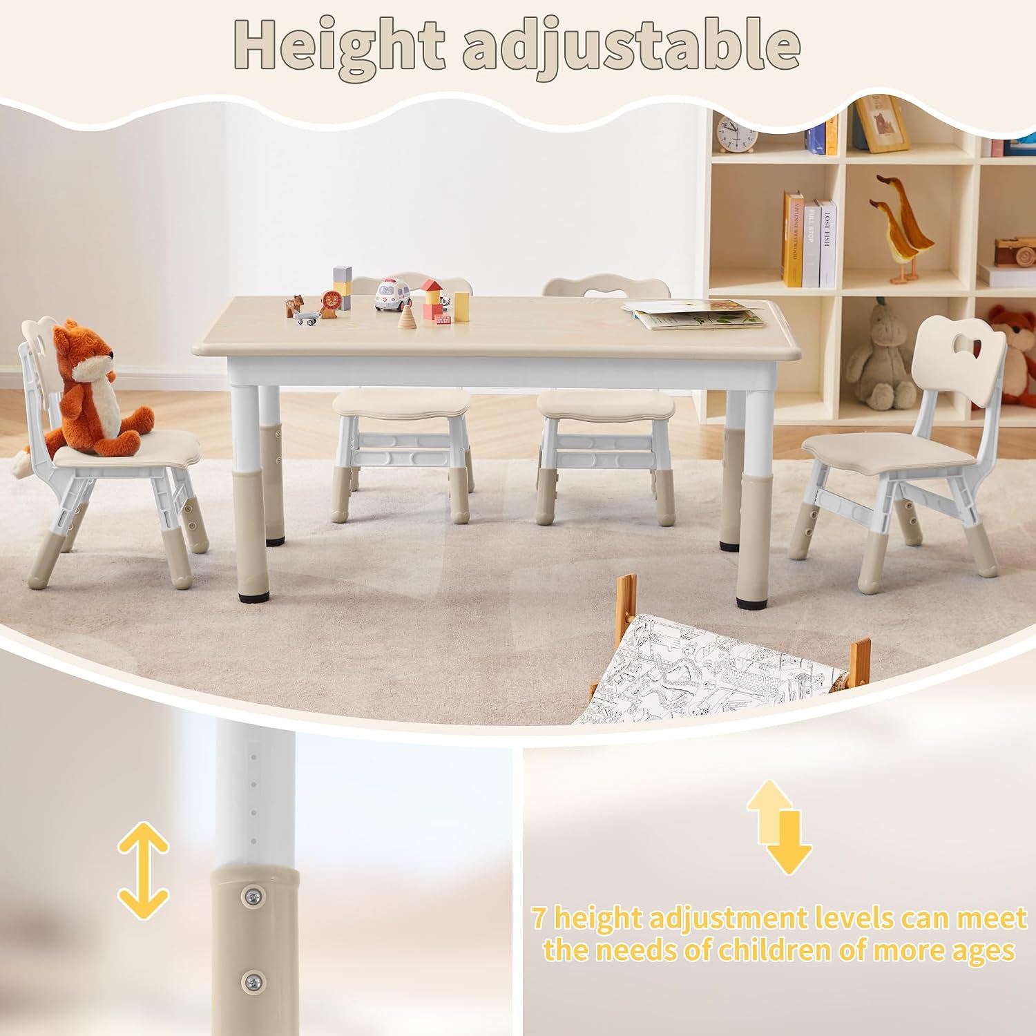 GITAWUSA Adjustable Kids Table, Arts and Crafts Child Table with Graffiti Desktop, 7 Level Height Adjustable Children Table for Ages 3-8, Easy to Wipe Toddler Desk for Classrooms/Daycares/Homes