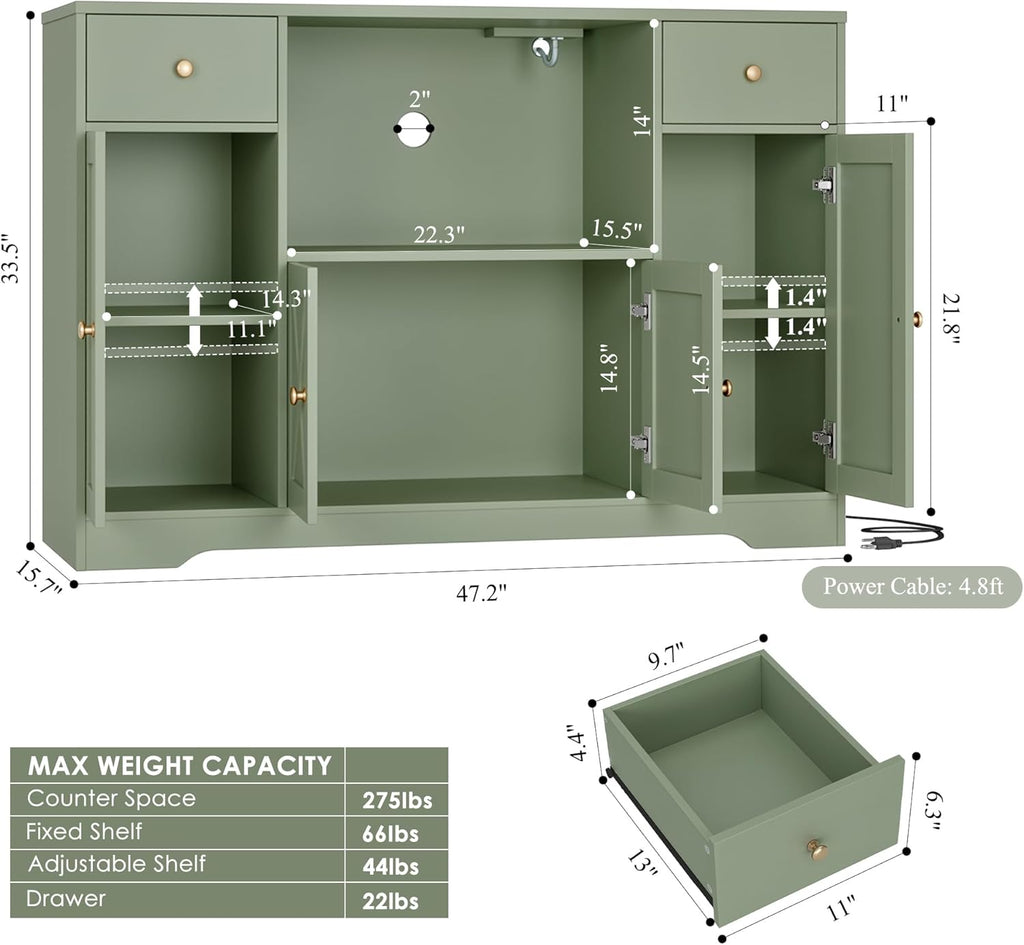 HOSTACK Microwave Cabinet with Charging Station, 47" W Kitchen Storage Cabinet with Microwave Stand, Farmhouse Buffet Sideboard with Drawers and Shelves for Kitchen, Dining Room, Green