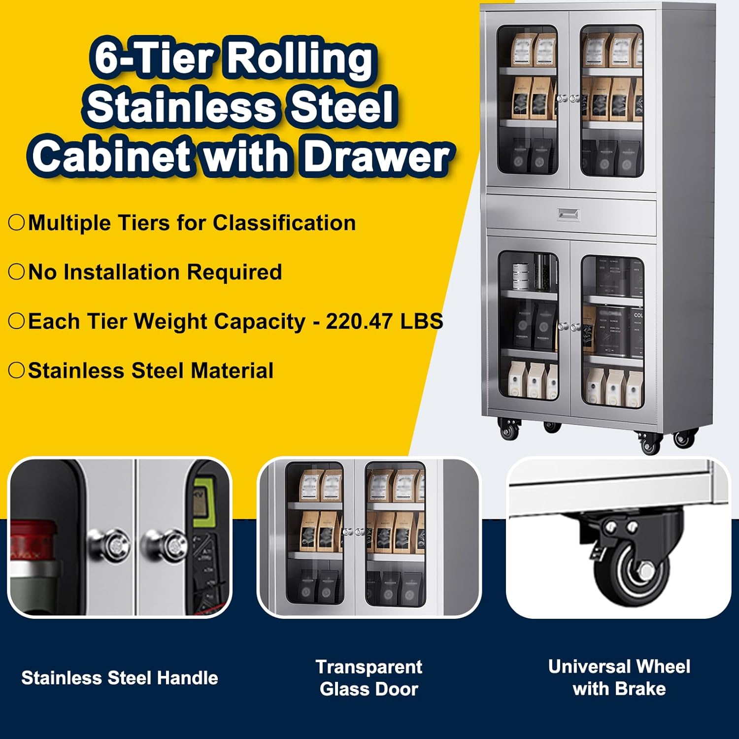 68" Full-Assembled Stainless Steel Cabinet with 1 Drawer and Glass Doors, 6-Tier Rolling Kitchen Pantry Storage Cabinet with Wheels for Garage, Warehouse, Utility Room, Laundry Room, Restaurant, Cafe