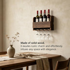 Wall Mounted Wooden Wine Rack with Glass Hanger | Wine Bottle Storage Shelf, Rustic Wall Wine Holder for Home Bar, Kitchen, Dining Room Farmhouse Decoration