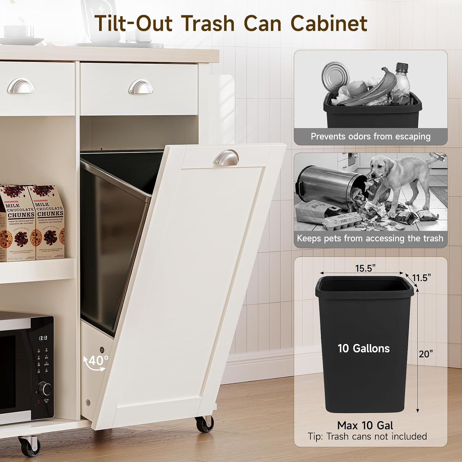 ONBRILL 56" Kitchen Island with Drop Leaf, Rolling Kitchen Cart with Trash Cabinet, Power Outlet, 2-Tier Open Shelves, 3 Drawers, Spice & Paper Towel Racks, 6 Wheels (4 Locking) for Dining Room, White