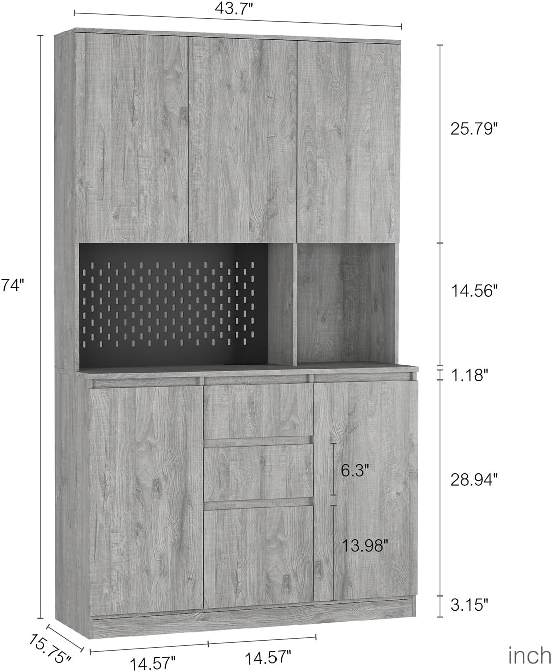 74 Inch Freestanding Kitchen Pantry Cabinet, Wooden Cutlery Storage Cabinet with Charging Station, LED Light for Kitchen, Dining Room and Living Room (Gray)