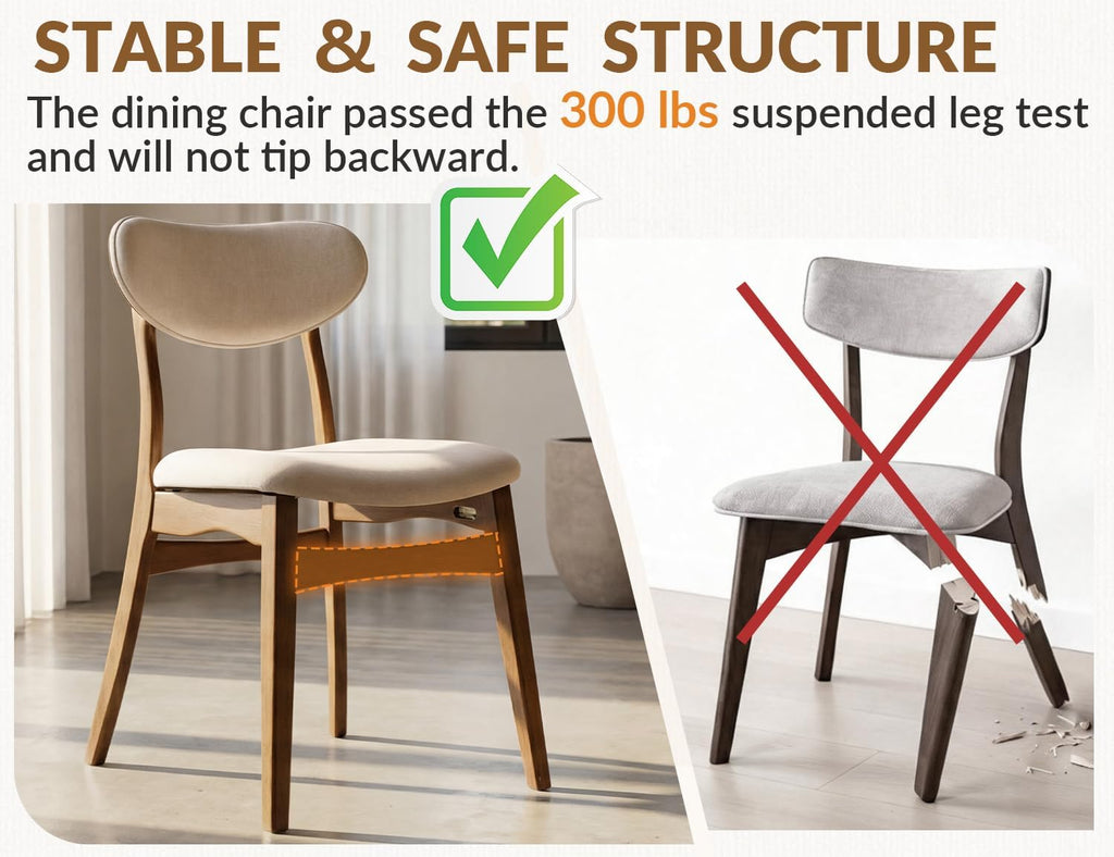 Wooden Dining Chairs Set of 2 - Farmhouse Fabric Upholstered Kitchen Chairs with Curved Back, Solid Wood Mid-Century Modern Side Chair for Dining Room, Beige & Walnut