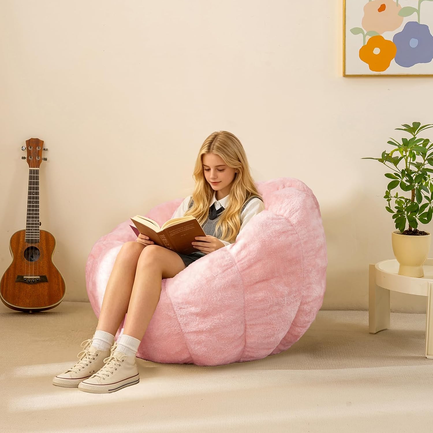 Pumpkin Bean Bag Sofa Chair, Bean Bag Chair with Filler for Teens, Kids, Toddler, Comfy and Lazy Sofa for Dorm, Apartment, Living Room and Bedroom, Pink