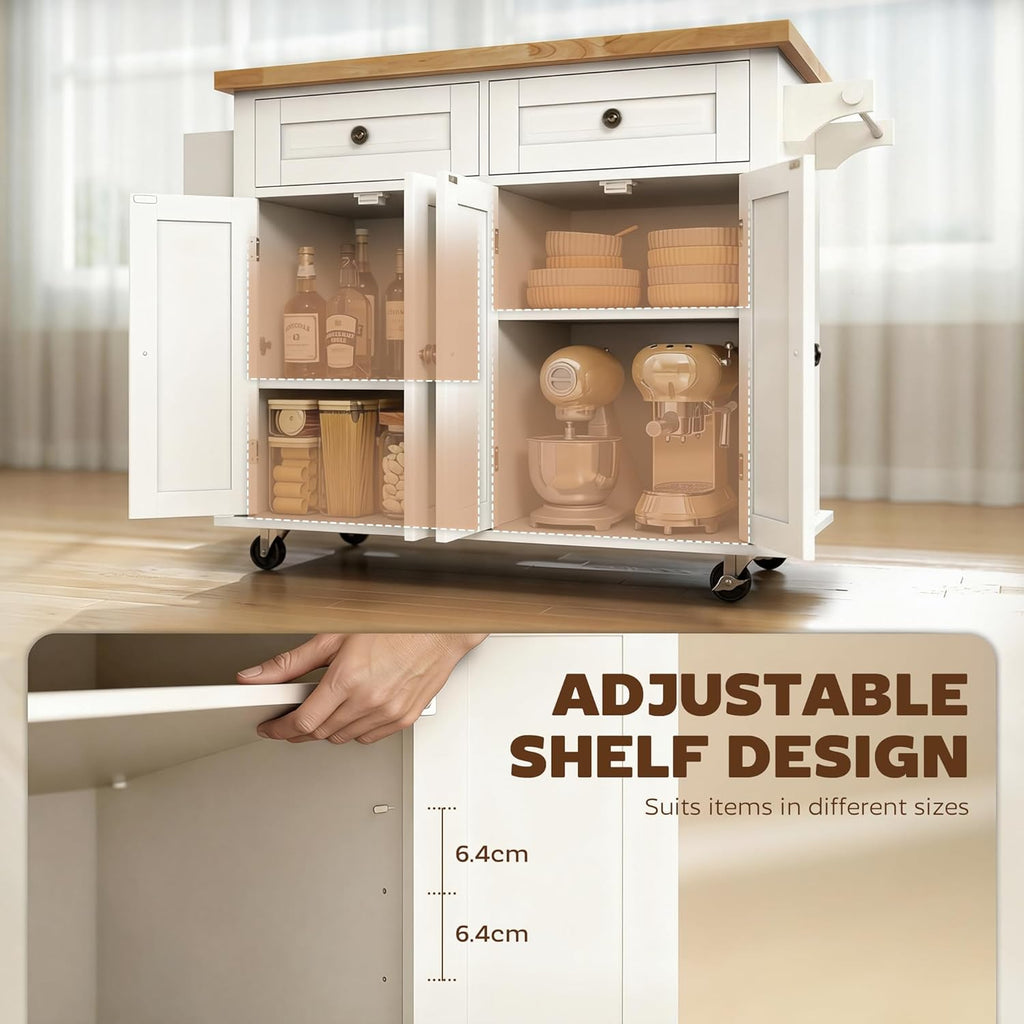 HOMCOM Kitchen Island Cart with Solid Wood Top, 44" Mobile Kitchen Island Table on Wheels with Storage Cabinets, 2 Drawers, Adjustable Shelves, Spice Rack & Towel Bar for Dining Room, White