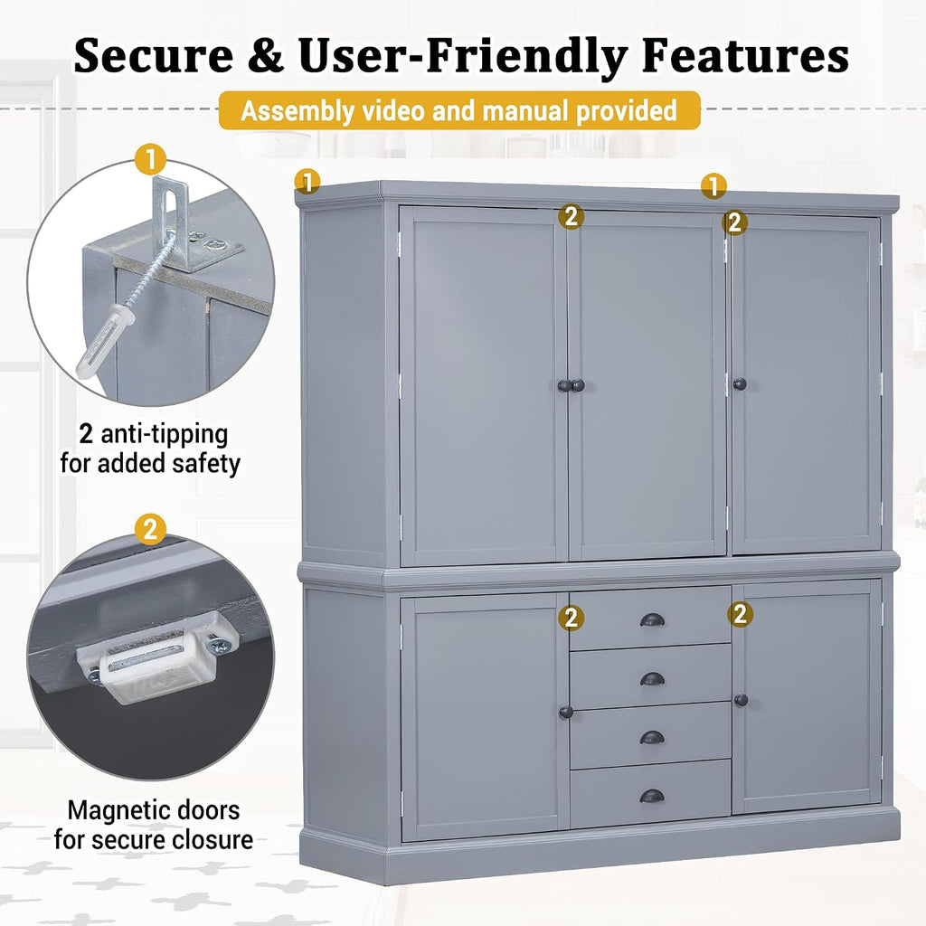 73'' Traditional Freestanding Wooden Kitchen Pantry, Large Kitchen Storage Unit Cupboard with Drawers Cupboard with Door Shelves and Adjustable Shelves (Gray-T)