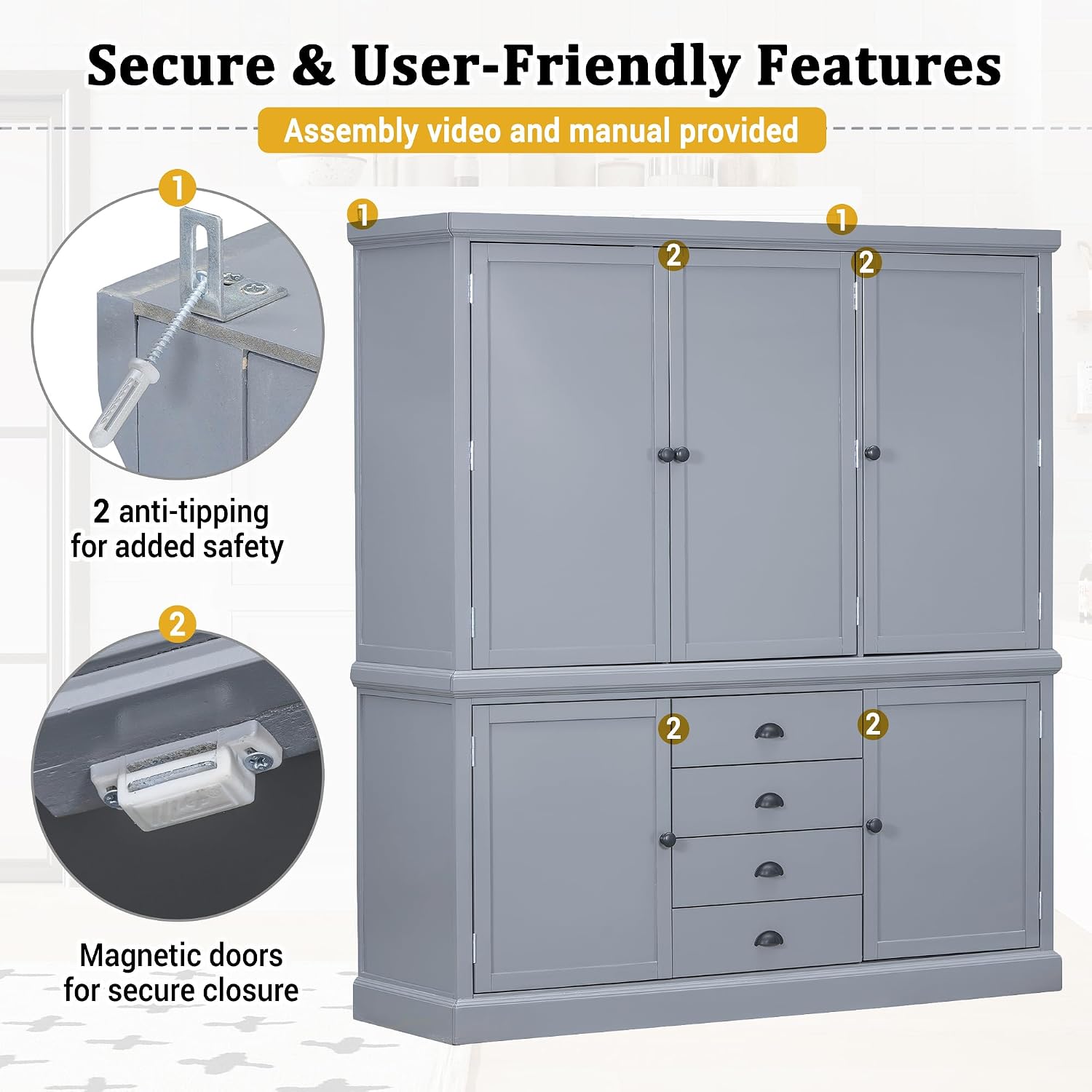 Polibi 73'' Freestanding Wooden Kitchen Pantry Cabinet with Drawers, Adjustable Shelves, and Magnetic Doors, Large Storage Organizer for Dining Room, Kitchen, or Utility Room, Gray